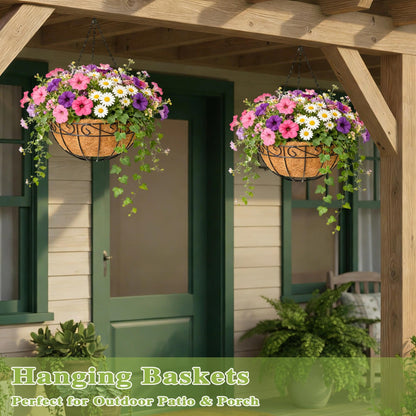 Qusuxi 4 Pack 10 Inch Hanging Baskets for Plants Outdoor Metal Hanging Planter Hanging Flower Baskets with Coco Fiber Liners Chain Round Wire Plant Holder Hangings Flower Pots(Plaid)