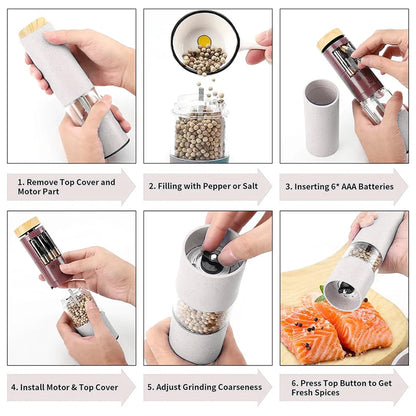 MEHIDFY Electric Salt and Pepper Grinder Set, 2 Pack Salt and Pepper Grinder Battery Operated, One-Handed Automatic Salt and Pepper Mill Grinder with LED Light, Adjustable Coarseness (White)
