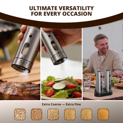 Electric Salt and Pepper Grinder Set with Charging Base, Rechargeable, 6 Coarseness Levels, 2 Speeds, LED Light, One-Touch Operation, Arthritis Friendly, Rust-Free Ceramic Core, Dust Caps, 2 Grinders