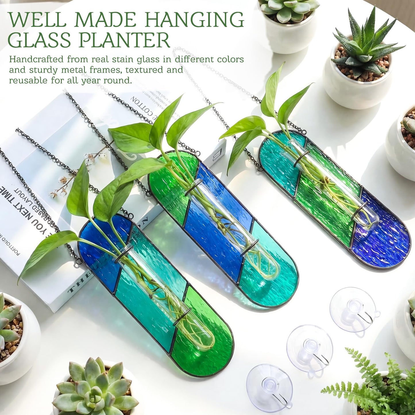 Hushee 3 Pcs Stained Glass Plant Propagation Station Hanging Window Propagation Station Planters with Glass Tubes Hydroponic Planter Terrarium Holder Window Decor for Indoor Home Garden Decor