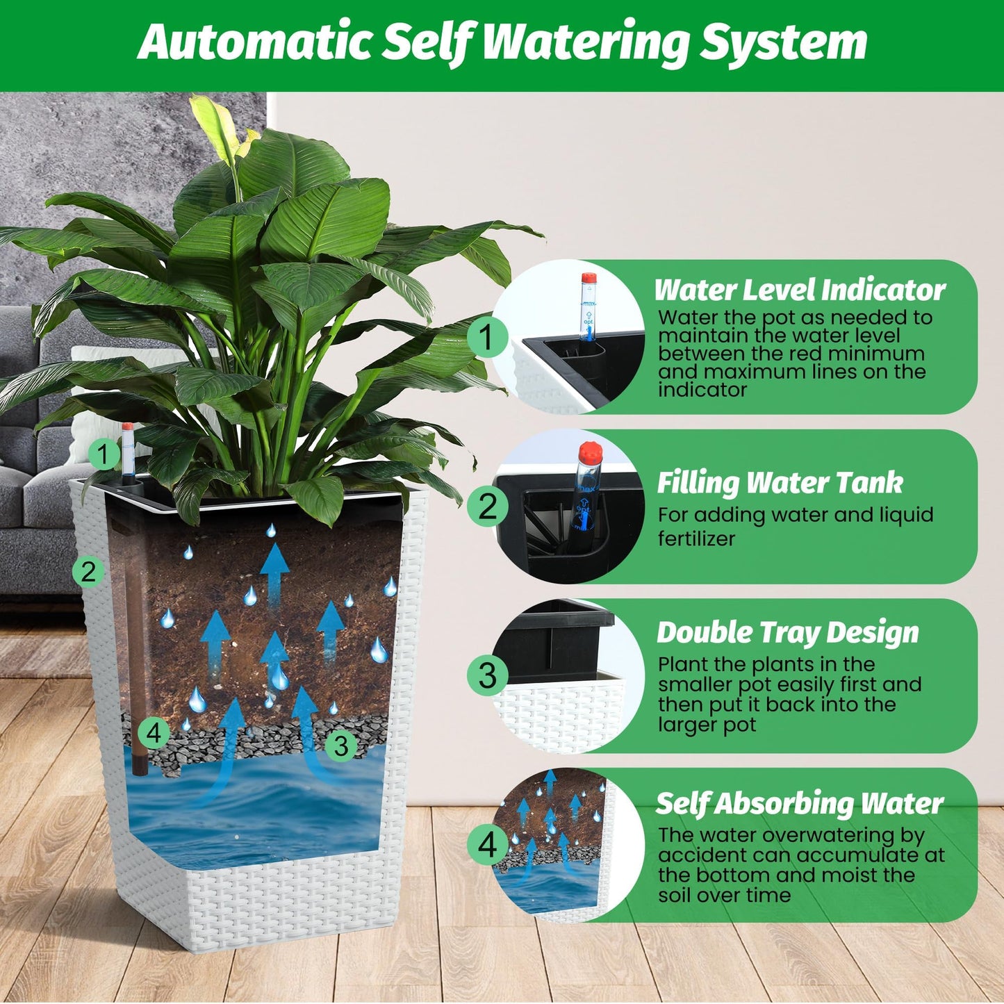 16" White Tall Planters Outdoor Set of 2, Large White Flower Pots Outdoor with Drainage Holes & Automatic Watering System, Modern Large Resin Planters for Outdoor Plants, Front Porch, Deck, Rattan
