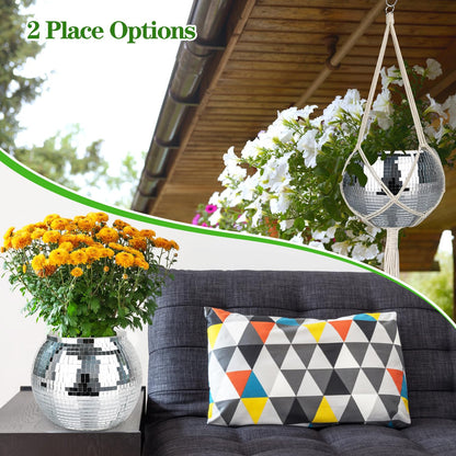 FGBNM Disco Ball Planter, 1pcs 9” Silver Disco Ball Planter, Disco Ball Plant Hanger with Hanging Rope, Hanging Chain, Hook, Circle and Extra Mirror Pieces