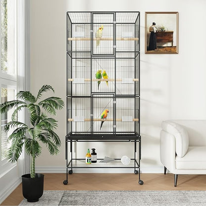 69 Inch Tall Parrot Cages for Large Birds, Three-Level Rolling Parakeet Cage with Storage Shelf Perches Feed Bowls, Bird Flight Cage, Large Bird Cages for Parrots Macaws Conures Cockatiels Parakeets