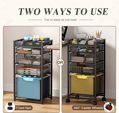Rolling File Cart with 4 Storage Drawers, Under Desk Organizer with DIY Divider, Moblie Filing Cabinet on Wheels, Fits A4/Letter Size, Metal Utility Cart for Home Office, Black