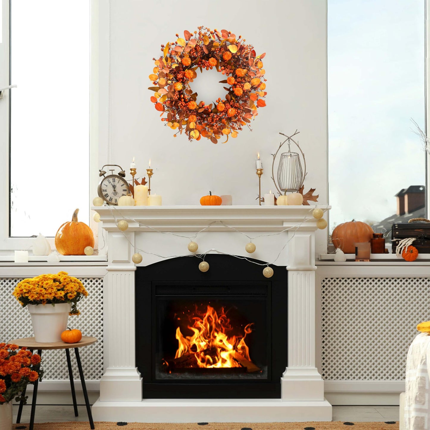 MAINGKAUNG Fall Wreath 22 Inch Fall Wreaths for Front Door Autumn Pumpkin Wreaths with Orange Eucalyptus Leaves and Berries for Indoor Outdoor Thanksgiving Harvest Festival Celebrations