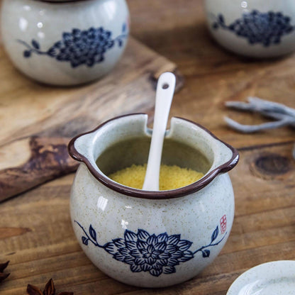 hengshukeji Sugar Bowl with Lid and Spoon,Vintage Ceramic Seasoning Jar, 10oz Stoneware Sugar Salt Holder, Glazed Condiment Container for Kitchen Counter (Lotus)