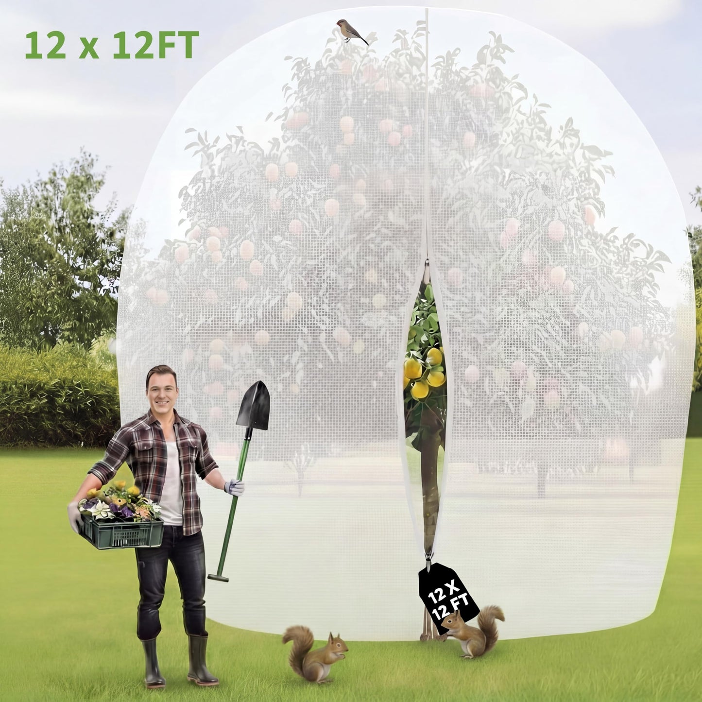 Vincreem 12 x 12 ft Large Fruit Tree Netting for Protecting Fruit from Squirrels Birds Bug Deer & Rat Garden Mesh Netting with Zipper and Drawstring Heavy Duty Tree Covers for Garden Bushes