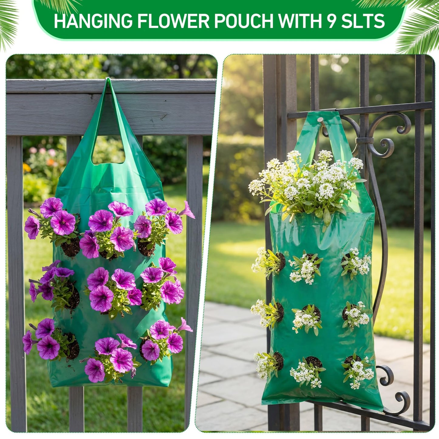 50 Pack Hanging Strawberry Planter Grow Bags, 9 Hole Plastic Hanging Vertical Planters, Upside Down Garden Bags with Reinforced Handles for Outdoor Wall Strawberries, Cherry, Tomatoes, Flowers, Tomato