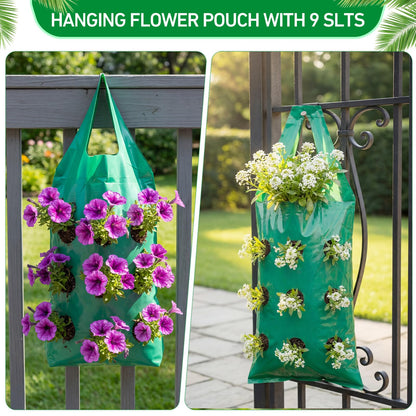 50 Pack Hanging Strawberry Planter Grow Bags, 9 Hole Plastic Hanging Vertical Planters, Upside Down Garden Bags with Reinforced Handles for Outdoor Wall Strawberries, Cherry, Tomatoes, Flowers, Tomato