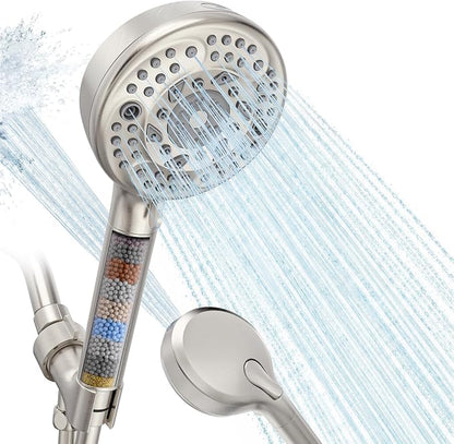 Filtered Shower Head with Handheld, 9-Spray Mode High Pressure Detachable Shower Head with Filters for Hard Water - Remove Chlorine Brushed