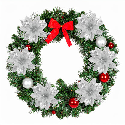 Christmas Tree Decorations 6“ Glitter Poinsettia Flowers - 24 Pcs Christmas Artificial Flowers for Tree Ornaments with Clips, Festive Decorations for Wreath, Mantel & Home Christmas Decor, Sliver