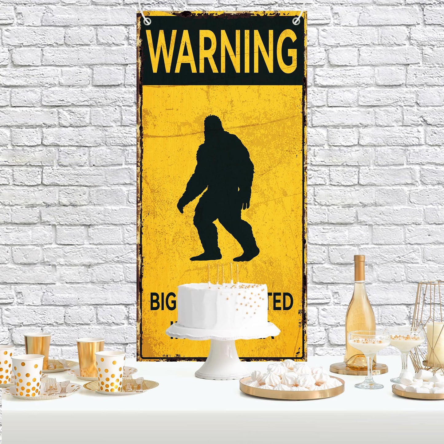 Bigfoot Caution Backdrop Banner BIGFOOT SIGHTED IN THIS AREA Sasquatch Silhouette Novelty Warning Sign Forest Theme Photography Background for Birthday Party Home Decor 35x72 Inch
