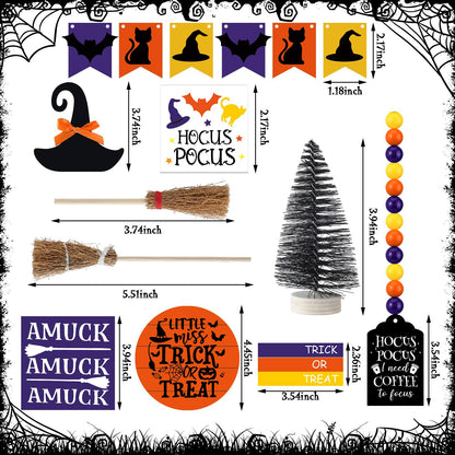 Wonderjune 19 Pcs Halloween Hocus Pocus Tiered Tray Decor Coffee to Focus Witch Table Decor with Wooden Signs Bead Garland Farmhouse Rustic Halloween Decorations for Home Table Party Supplies