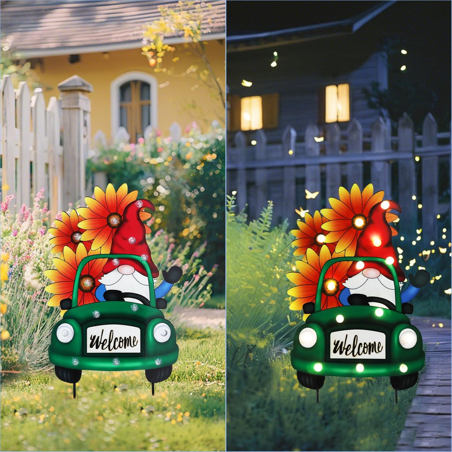 WONDER GARDEN Sunflower Yard Sign Decoration, 22.4" Metal Gnome Truck with LED Lighted, Outdoor Summer Garden Welcome Sign Stake, Outdoor Spring Truck Yard Decoration, Gift for Mom