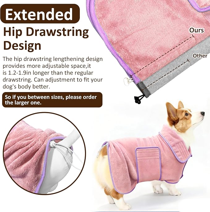Soft Dog Bathrobe Fast Drying Dog Coat, Super Absorbent Dog Towels for After Bath, Microfiber Pet Robe Adjustable Collar & Belly Warm Keeping Dogs Coat for Pet Dogs & Cats (Pink, XX-Large)