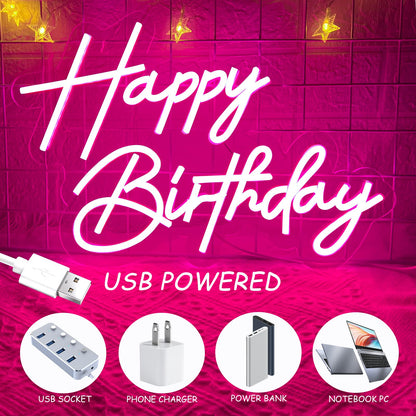 Happy Birthday Neon Sign for Wall Decor, Warm White LED Neon Light Signs, Art Decoration Happy Birthday Neon Light Sign for All Birthday Party Decoration with 2 Pcs Pasters (17×12 Inch)