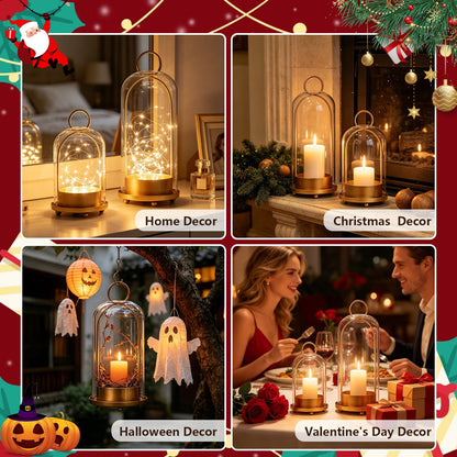 5"&4" Hurricane Glass Candle Holder Set - Metal Frame with Glass Chimney, Hanging Brass Metal Candle Holder, Pillar Candle Lantern for Wedding Party Holiday Dining Table Mantel Home Decor