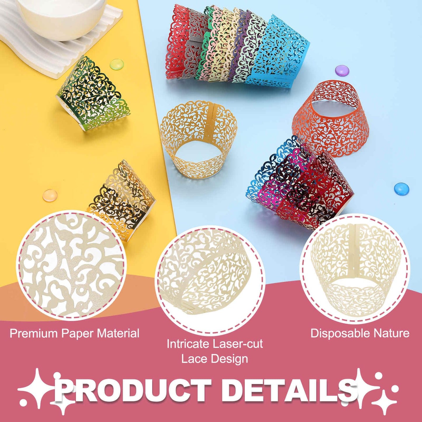 HARFINGTON 50 Pcs Lace Cupcake Liners Standard Vine Designed Hollow Out Cupcake Wraps Artistic Bake Cake Paper Cups for Anniversary Birthday Weddings Parties, Light Yellow
