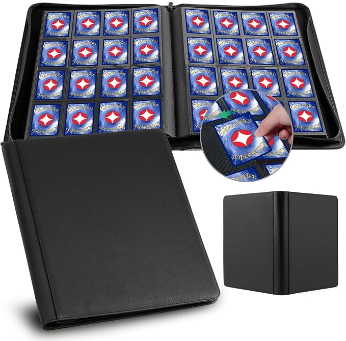 GEAoffice 16 Pocket Trading Card Binder for 1000+ Cards, Ringless Side-Loading 4x4 Card Binder with Zipper Closure, PU Leather 1024 Card Binder for MTG/TCG/Baseball/Sports&Game Cards, Black