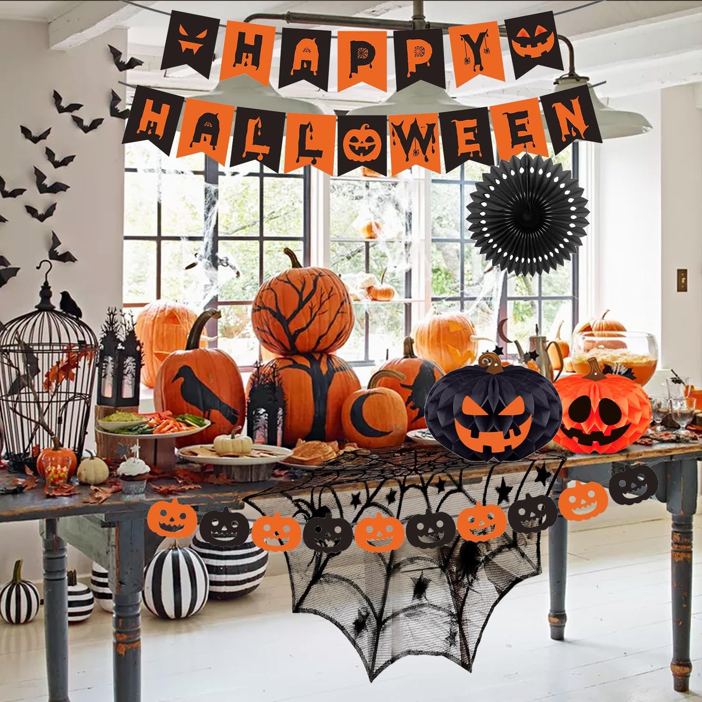 Halloween Party Decorations Indoor Kit with Paper Honeycomb Balls & fans, Fireplace Mantel Scarf, Spiderweb Table Runner, Banner, 48 Pcs Scary Bat Sticker for Halloween Spooky Home Decor