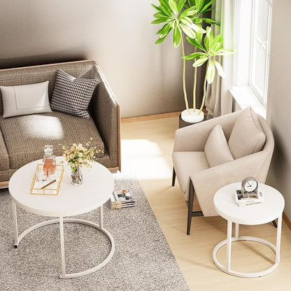 Garden 4 you Nesting Coffee Table, 23.6" Round Coffee Table Set of 2, Wooden Nesting Table Set with Metal Frame, Side Tables for Living Room Bedroom Balcony, White
