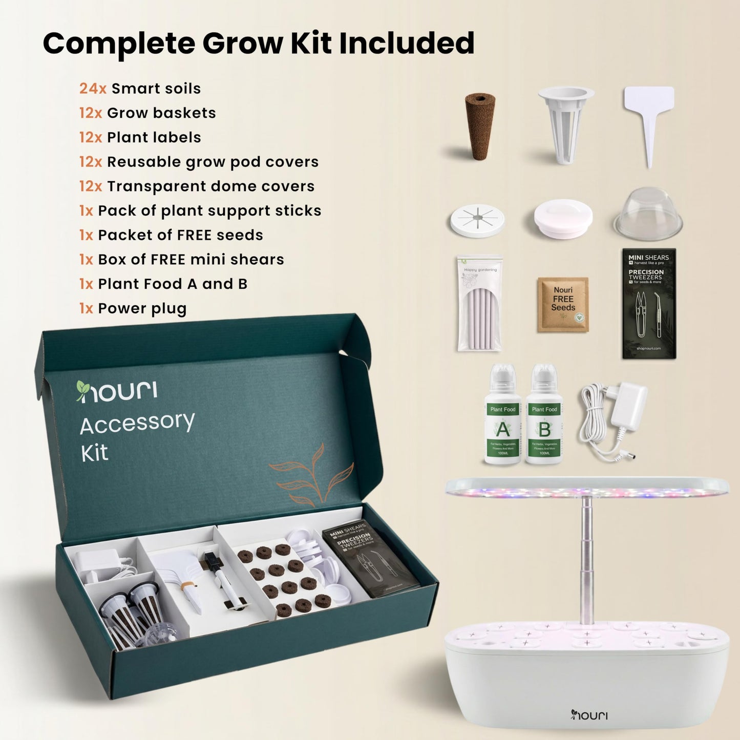 Nouri Hydroponics Growing System, 12 pod Smart Indoor Herb Garden Kit with LED Grow Lights, Hydroponic Herb Garden Indoor for Plant Lovers, Gardeners, Kitchen, Basil Seeds Included
