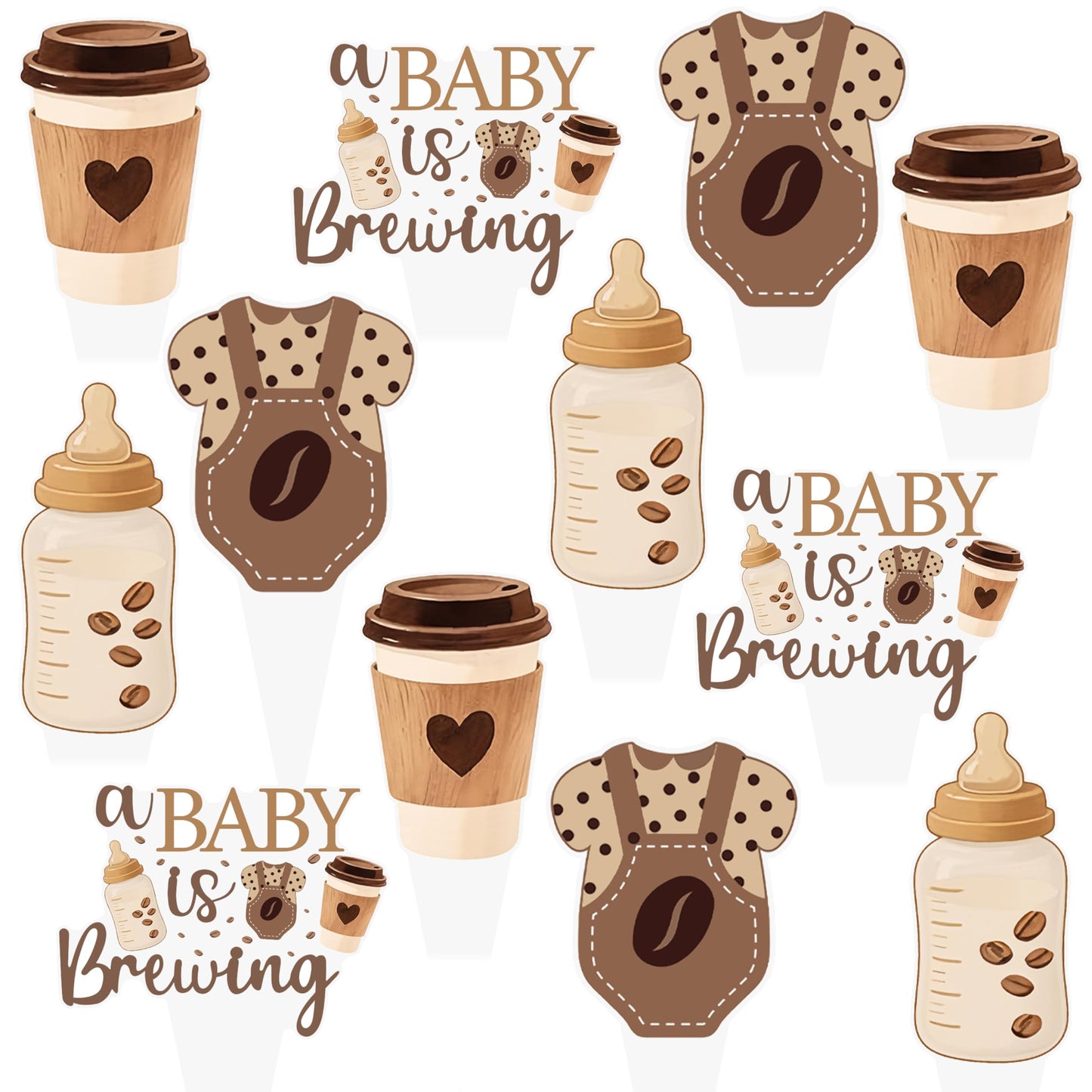 A Baby is Brewing Cupcake Toppers, Coffee Theme Baby Shower Decorations, 48 Pack, Brown Gender Reveal Party Supplies with Coffee Cup and Baby Bottle Picks