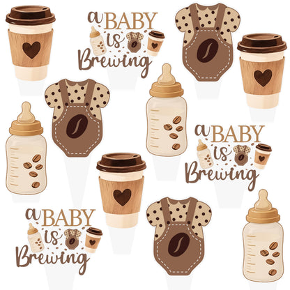 A Baby is Brewing Cupcake Toppers, Coffee Theme Baby Shower Decorations, 48 Pack, Brown Gender Reveal Party Supplies with Coffee Cup and Baby Bottle Picks