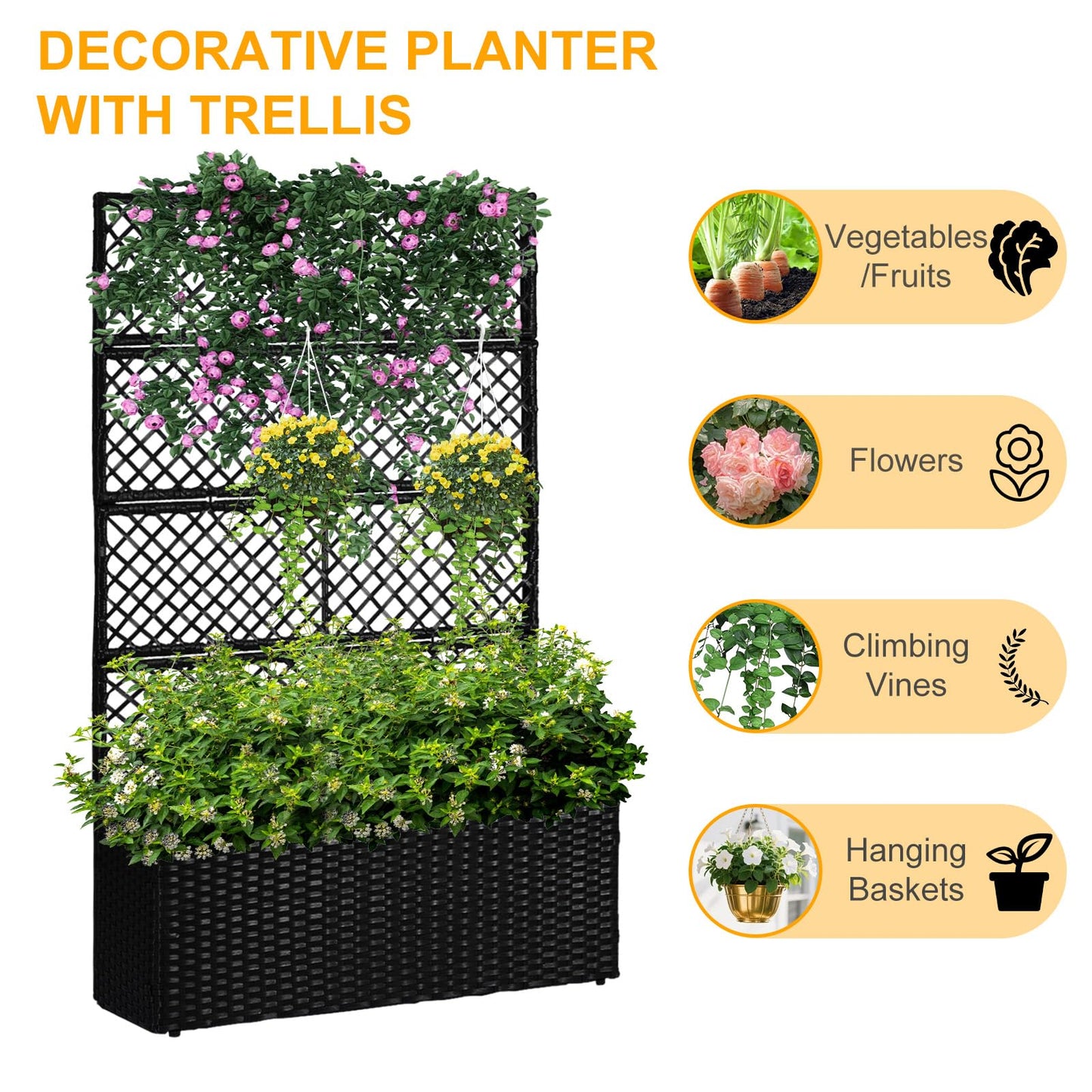 52’’ H Garden Planter Box with Trellis Outdoor for Vine Climbing Plants, Flowers Handwoven Rattan Garden Bed with Removable Liners for Backyard Patio Balcony