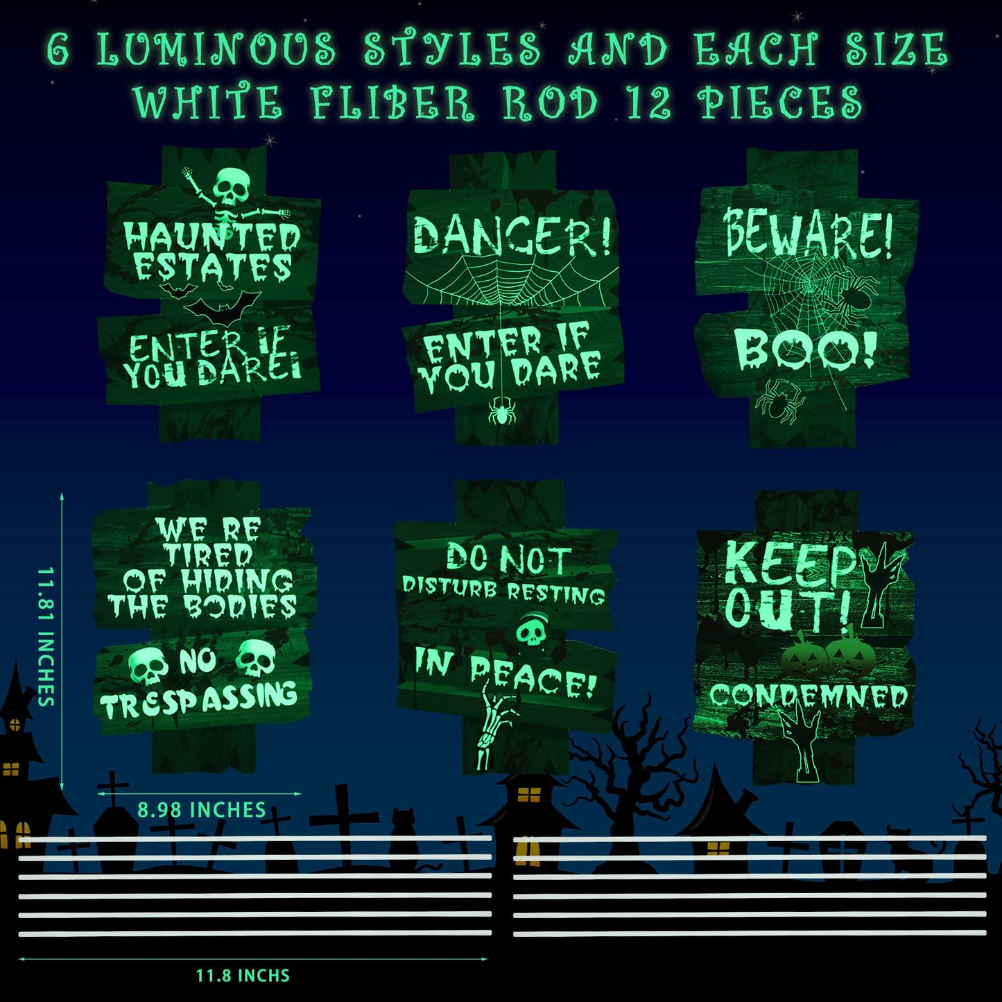 6 Pcs Halloween Decorations Glow in Dark Yard Sign Fluorescence Scary Halloween Outdoor Decorations Beware Props for Lawn Graveyard Graves Haunted House Zombie Vampire Graves Holiday Party