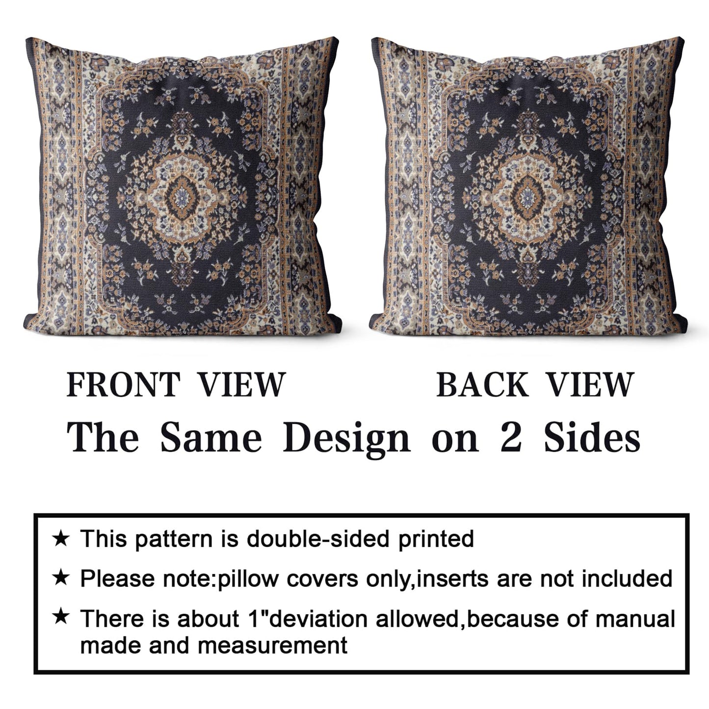 Snycler Boho Throw Pillow Covers 16x16 inch Set of 2 Black Medallion Border Area Rug Double Sided Pattern Cotton Soft Pillow Case Cushion Cover Pillowcase for Couch Sofa Bed Decorative