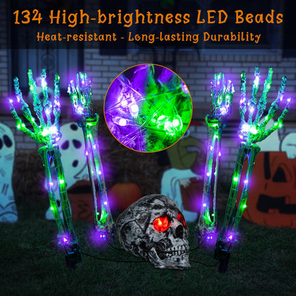 Halloween Lighted Skeleton Decor Outdoor, Solar Powered Realistic Scary Graveyard Bone Hands & Arms with 134 LEDs, 8 Lighting Modes, IP65 Waterproof for Lawn Garden Yard Party, Purple & Green