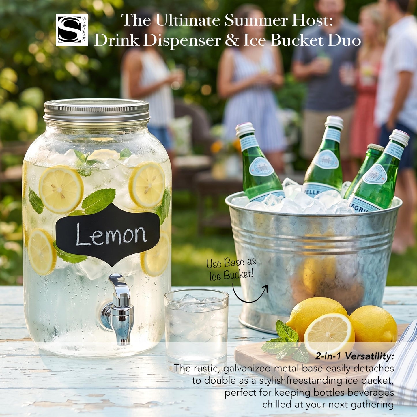 Style Setter Bristol Beverage Dispenser with Blackboard and Ice Bucket Stand Cold Drink Wine Juice with 1 Gallon Capacity Glass Jug and Leak-Proof Acrylic Spigot Great for Parties, Weddings and More