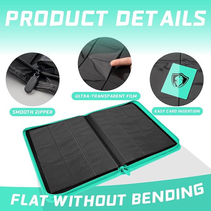 9 Pocket Card Binder, Premium Zip Trading Card Binder, 360 Double Sided Pocket PU Collection Binder, Collector Album, Card Folder for MTG, TCG, Sports Cards, (Cyan)