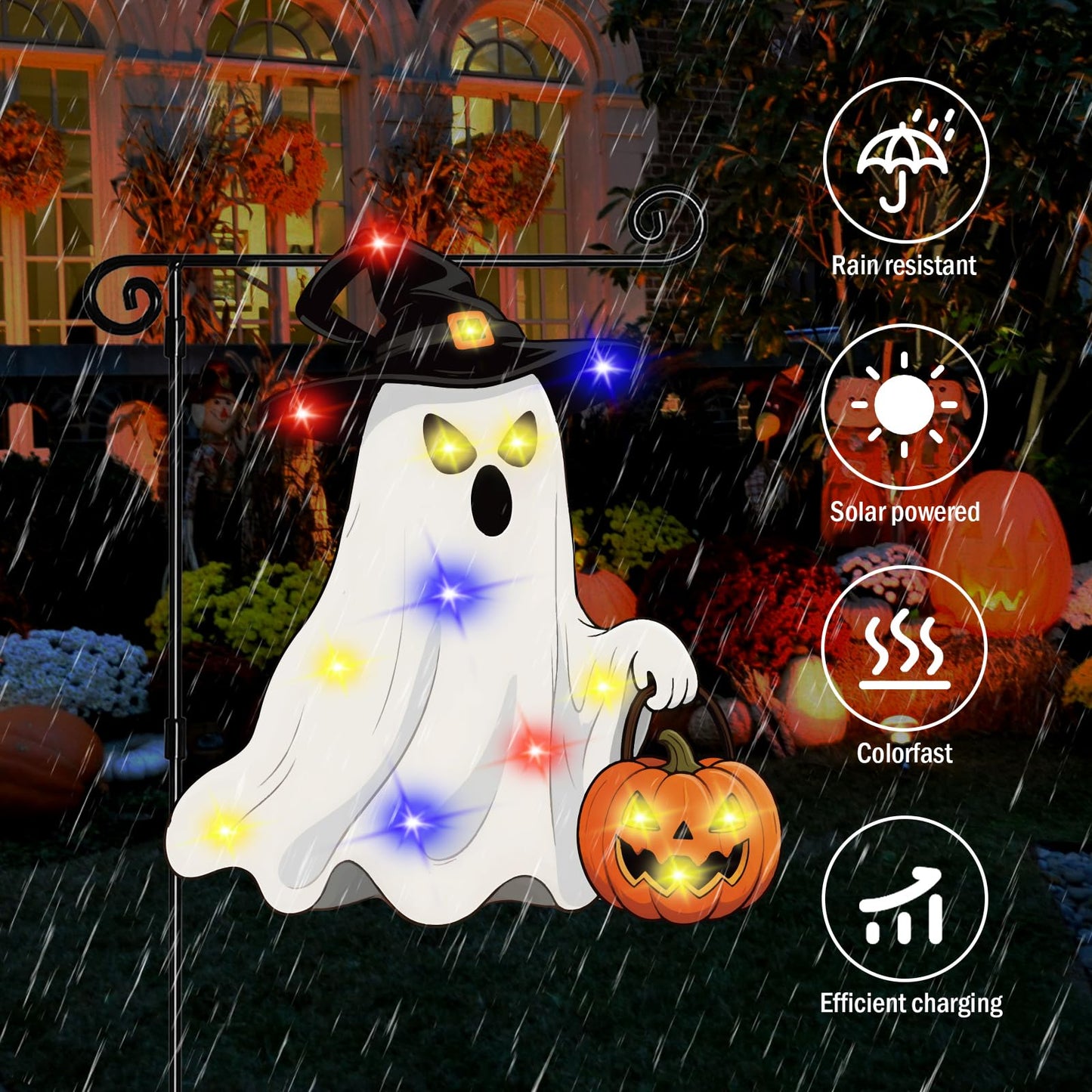 GOAUS Halloween Garden Flag Solar Lighted, Witch Ghost Decorations Outdoor, Double Sided Oxford Decorative Flag for Lawn Yard Outside Decor, 12x18 Inches