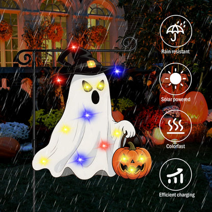 GOAUS Halloween Garden Flag Solar Lighted, Witch Ghost Decorations Outdoor, Double Sided Oxford Decorative Flag for Lawn Yard Outside Decor, 12x18 Inches