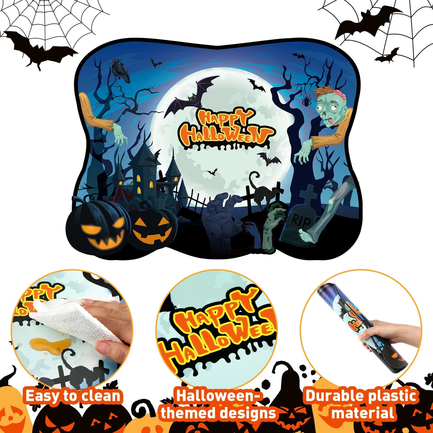 6 Pcs Halloween Placemats Plastic Pumpkin Spider Ghost Witch Happy Halloween Table Mats Boo Purple Blue Orange Spooky Waterproof Placemat for Kitchen Home Table Party Decoration, 11.81 x 15.75 Inch