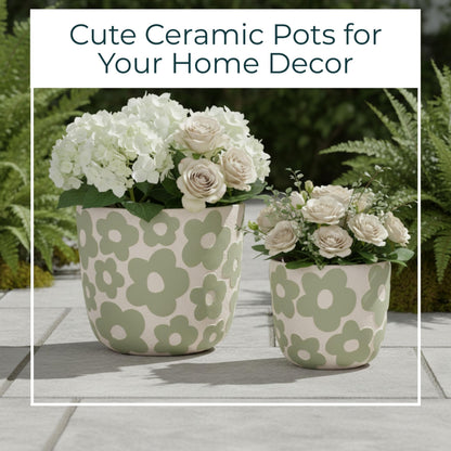 Sagebrook Home Set of 2 Cement Decorative Planter Pot Without Stand Pottery Outdoor & Indoor Plant Pot with Flower Pattern Minimalist Modern Garden & Home Decor Cement Planters 6" & 8", Light Green