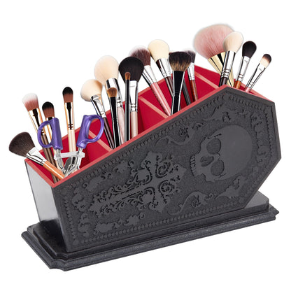 Gothic Coffin Decor Makeup Brush Holder,Spooky Witchy Gifts for Women,Skull Cosmetic Display Cases,Goth Decor Pen Holder, Vanity, Desk, Office Organizer for Mothers Day Bedroom Bathroom (Red)