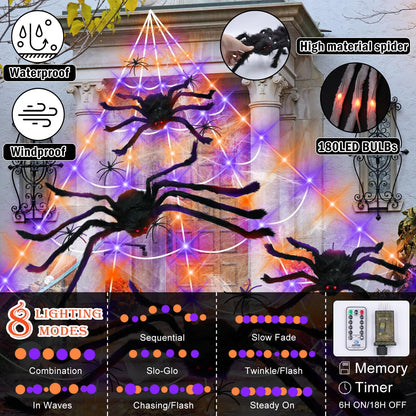 Kenburg 23Ft Light Up Spider Web Halloween Decorations Outdoor, 180 Orange and Purple LED Giant Web, 24 Spiders & 60g Stretch Cobweb Decor, 8 Modes Scary Lights for Outdoor Yard