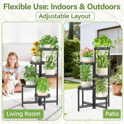 iDavosic.ly Plant Stand Indoor Outdoor, 5 Tier Corner Metal Flower Display Holder Shelf, Folding Tall Orchid Rack for Patio Balcony Porch Garden Living Room House, Wrought Iron - Modern Black