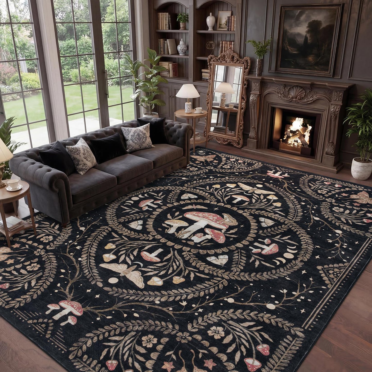 Garvee Mushroom 9x12 Area Rugs for Living Room, Dark Academia Gothic Rug, Non Slip Animal Print Washable Rugs 9x12 Low Pile Bedroom Decor Bug Carpet with Rubber for Dining Room Playroom Office, Black