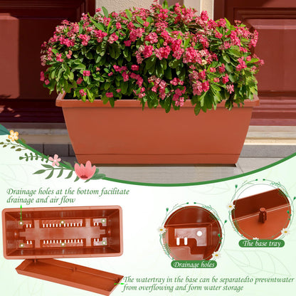 Lysjtsr 12Pcs 17Inches Rectangle Planter Box with Drainage Holes and Trays Plastic Planters Flower Boxes Pots for Indoor Outdoor Plants Patio Garden Home Decor Porch Yard (Red)