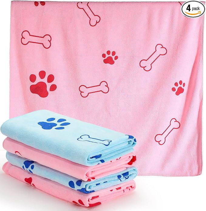 Chumia 4 Pcs Dog Towels for Drying Dog Puppy Bulk Microfiber Absorbent Paw Towel Pet Bathing Supplies Quick Drying for Medium Cats Pets Shower(24 x 40 Inch,Light Pink, Light Blue)