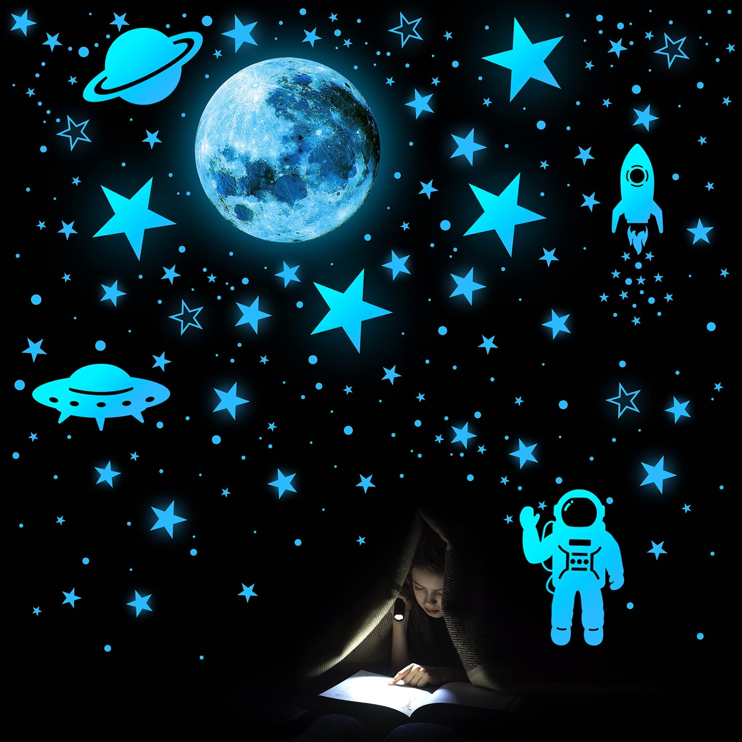 1078 PCS Glow in The Dark Stars For Ceiling Solar System Galaxy Nursery Wall Stickers Rocket Astronaut Kids Boys Room Decorations Bedroom