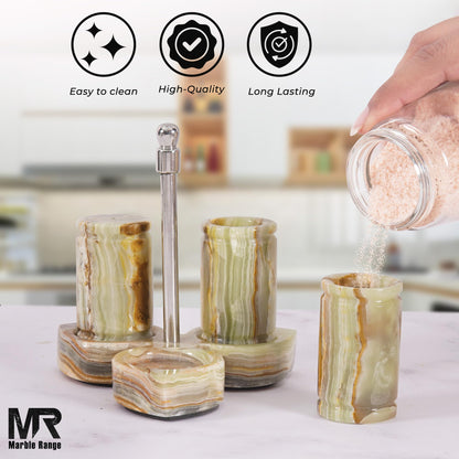 Marble Salt and Pepper Shakers Set of 3 – Handmade Green Onyx 0.8 oz Salt & Pepper Dispenser with Tray, Modern Tabletop Seasoning Set for Kitchen Countertop & Dining Decor, Easy Refill