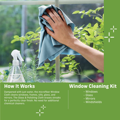 E-Cloth Microfiber Window Cleaning Cloth Kit - Glass Cleaning Cloth for Windows, Mirrors, Cars, Lenses, Eyeglasses, & More, Streak Free Clean, Machine Washable Reusable Towel - Green