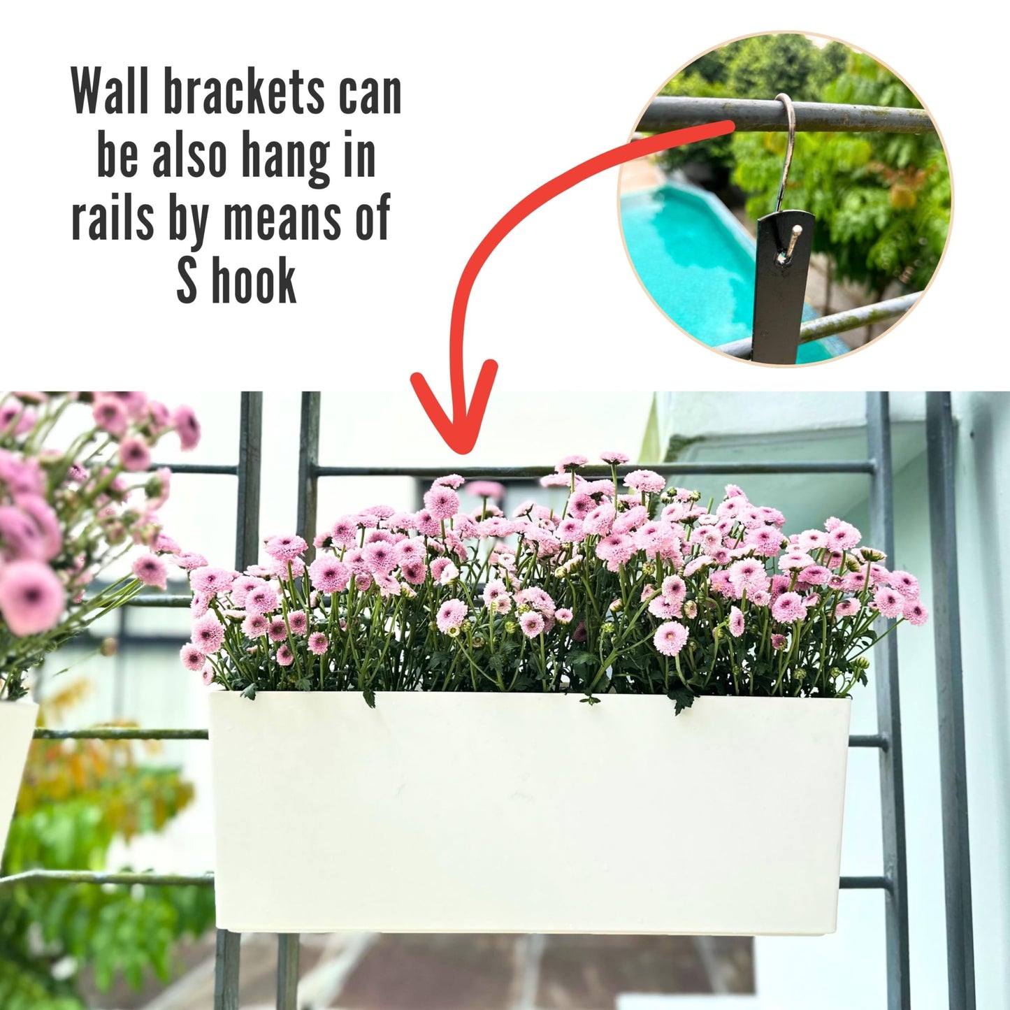 LaLaGreen Bundle- 4 Pack, 14 Inch Rectangular Self Watering Planter + 2 Pack, 11 Inch Round Self Watering Basket Rattan Style Balcony Flower Pot Window Wall Mount Plants Boxes Modern Home Garden Decor
