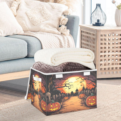 Bolaz Storage Bins with Lids and Handles,Halloween Night Pumpkin Skull Storage Box Storage Basket with Cover Collapsible Organizer Containers for Home Closet, Shelves