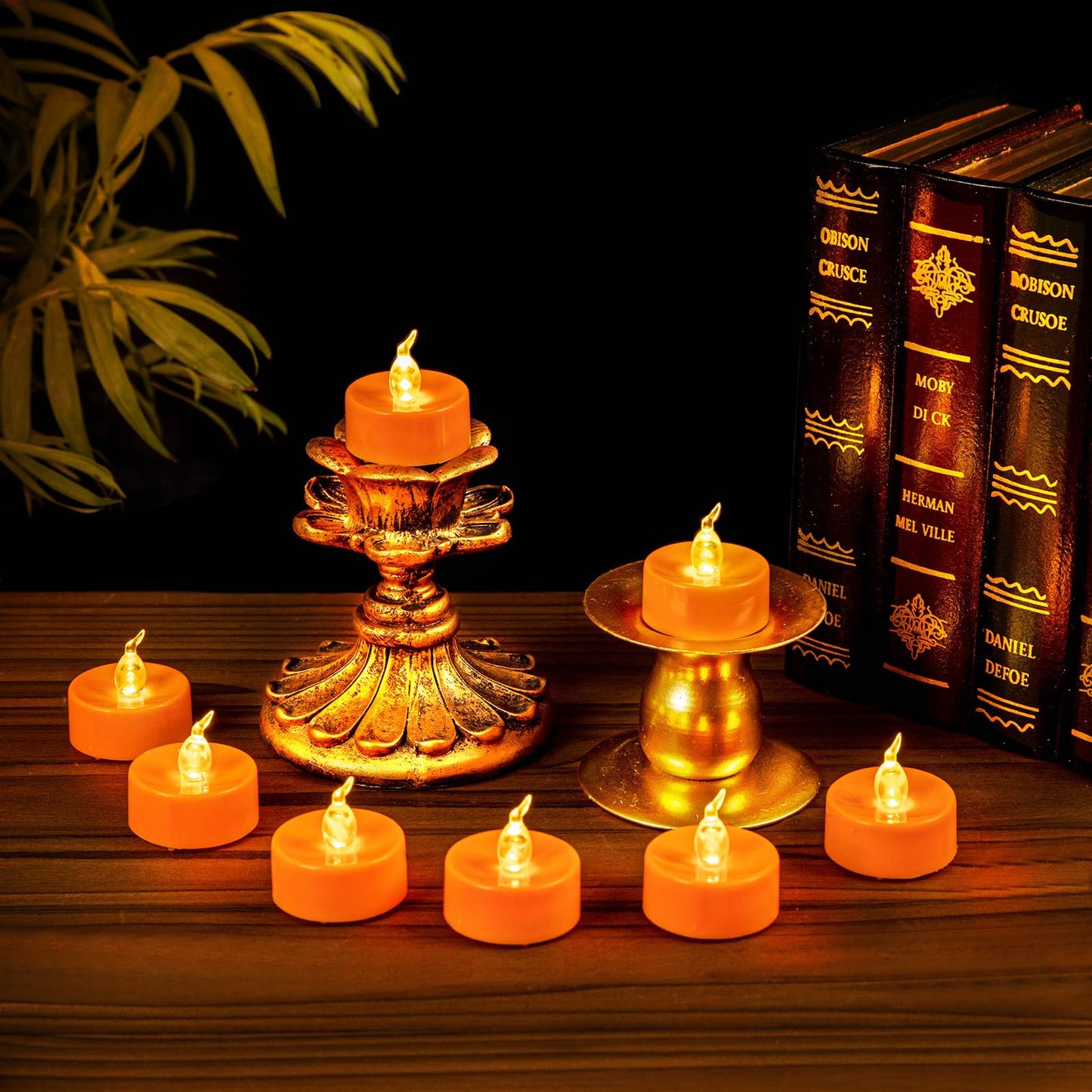 Windshell 24 Pack Orange Flickering Flame LED Tea Lights (No Remote and Timer), Battery Operated Flameless Tealight Candles for Halloween Thanksgiving Party